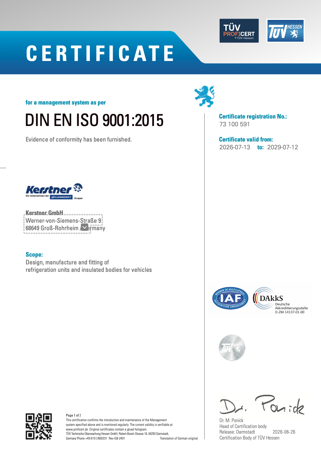 DIN EN ISO 9001:2015 Zertifikat der Kerstner GmbH von TÜV Hessen